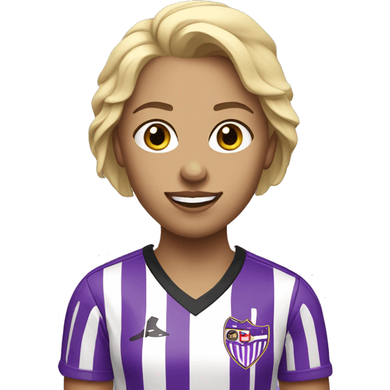 a blonde woman in white soccer jersey with purple pinstripes emoji