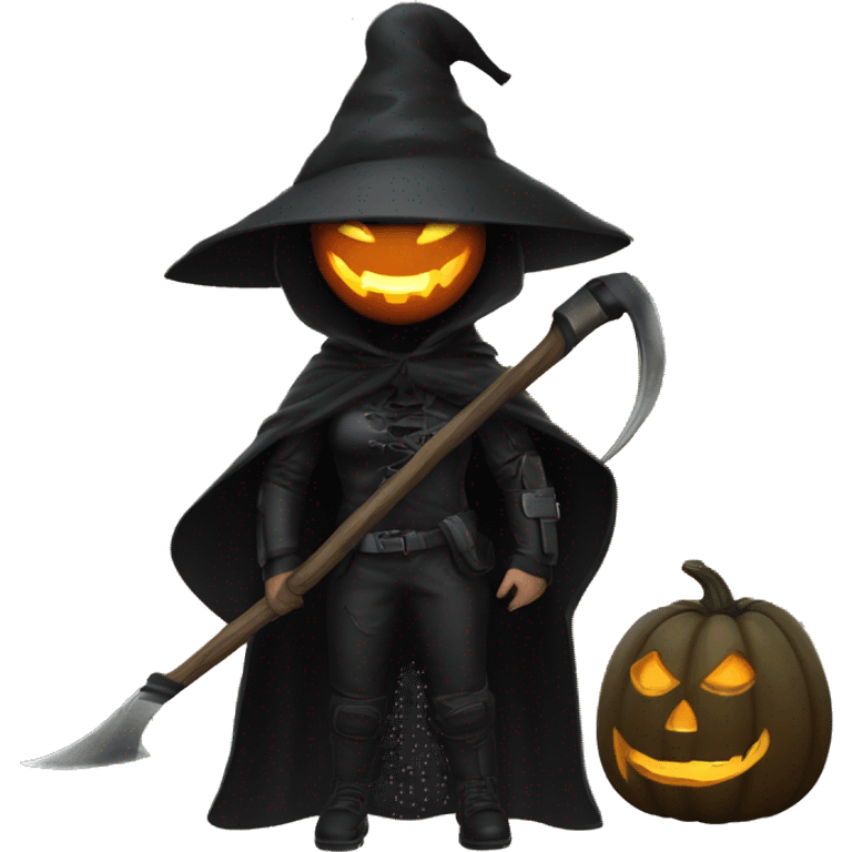 Human female pumpkin hunter with a scythe, glowing pumpkin eyes inside a black helmet, Halloween theme, emoji emoji