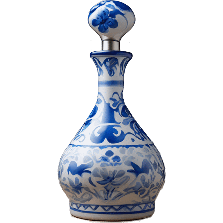 The Clase Azul Tequila bottle has a tall, hourglass-shaped ceramic body, hand-painted in white with cobalt blue floral designs. It’s topped with a distinctive gray, bell-shaped stopper that adds a final elegant touch. emoji