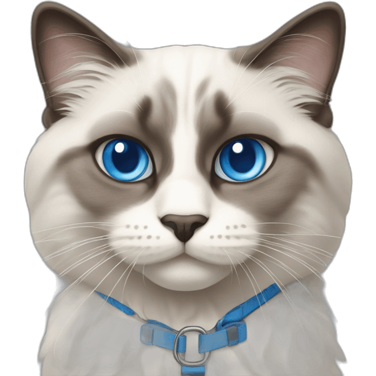 Ragdoll cat with blue eyes, mouth slightly open, wearing a blue harness emoji