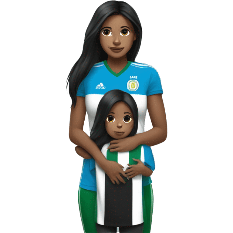 Girl with long black hair wearing a half Argentina half Nigerian jersey holding a baby  emoji