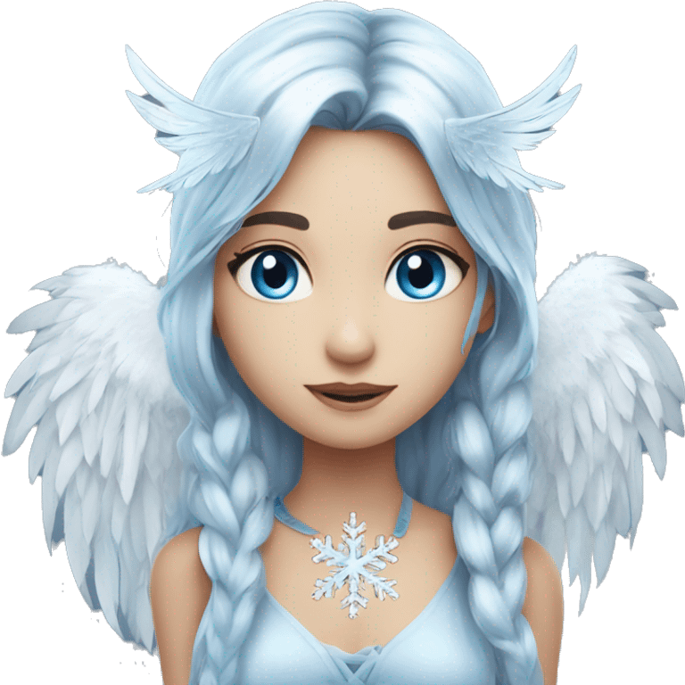 big wings, silver, feather, icy ,snowflake, Beautiful, fairy, long hair, blue eyes emoji