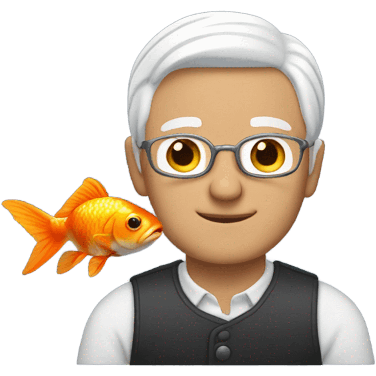 Man with white hair holding a goldfish emoji