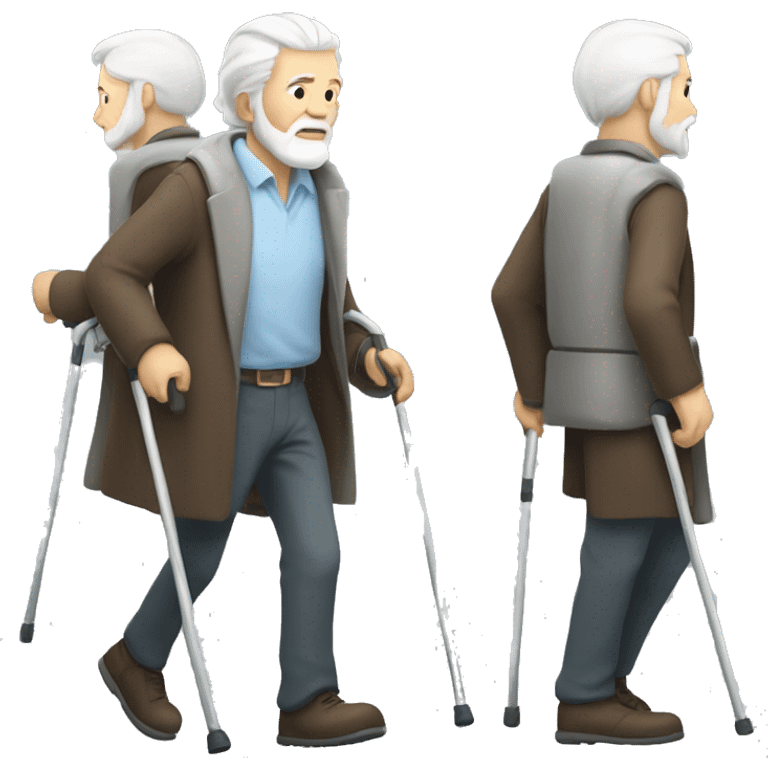 old man with white hair and long white beard walking with crutches emoji