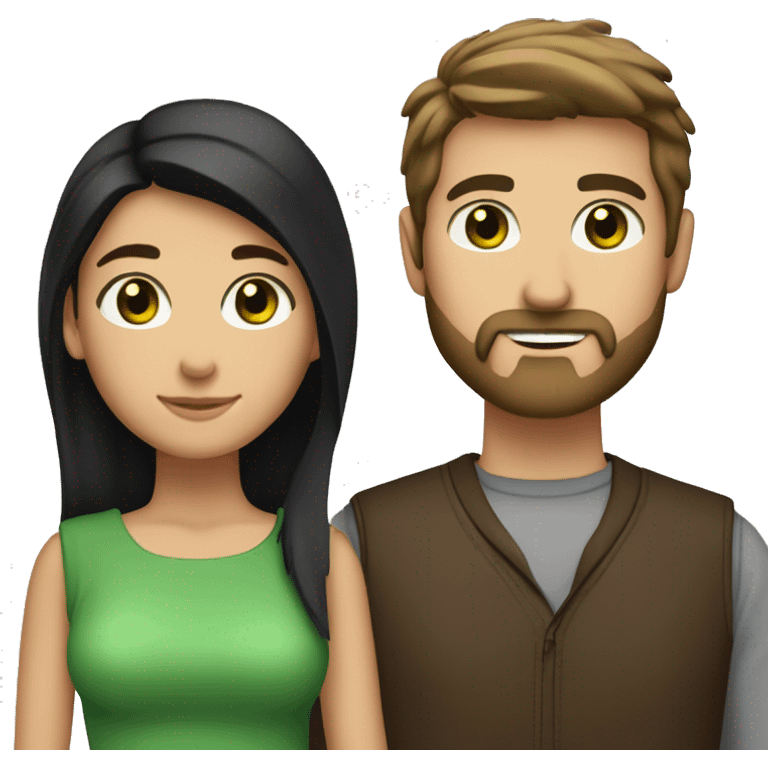 Create a emoji of a couple. The boyfriend has straight brown hair, a beard and green eyes. The girlfriend has long black hair and brown eyes emoji