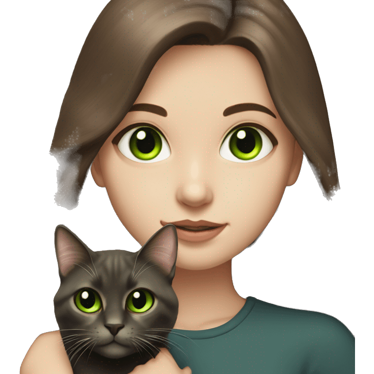 pale brunette girl with long brown hair with bright green eyes holding black cat emoji