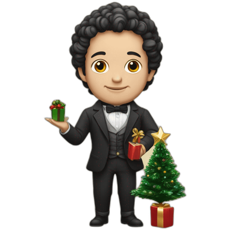 Pushkin holds a small Christmas decorated Christmas tree in his hands emoji