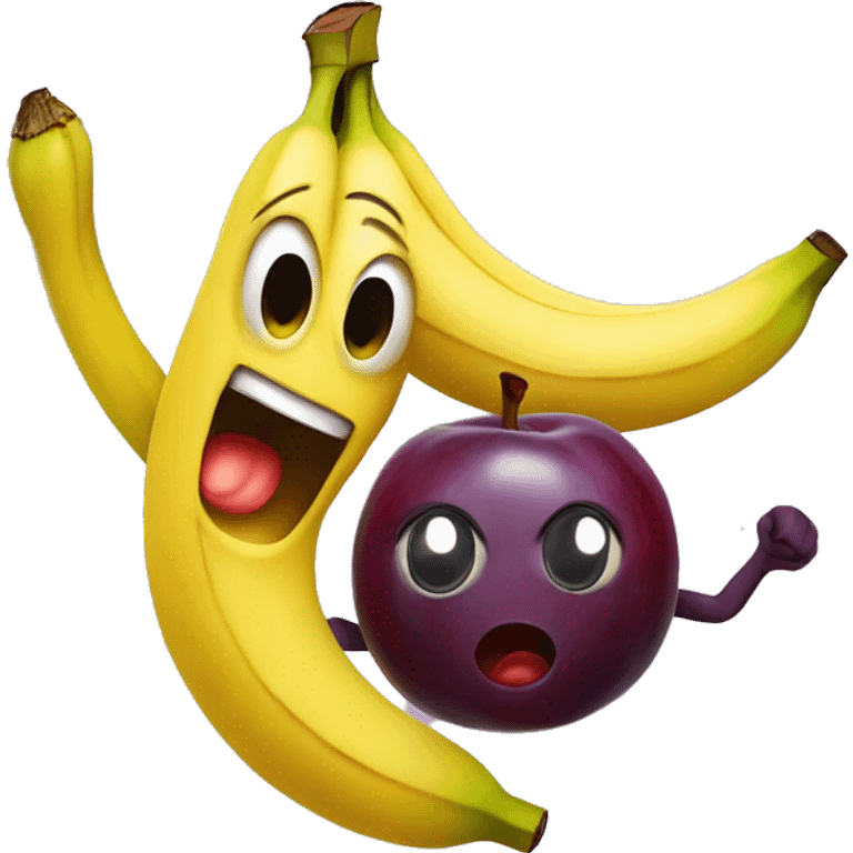 Banana with a super scared face dancing with a plum with a face dancing emoji