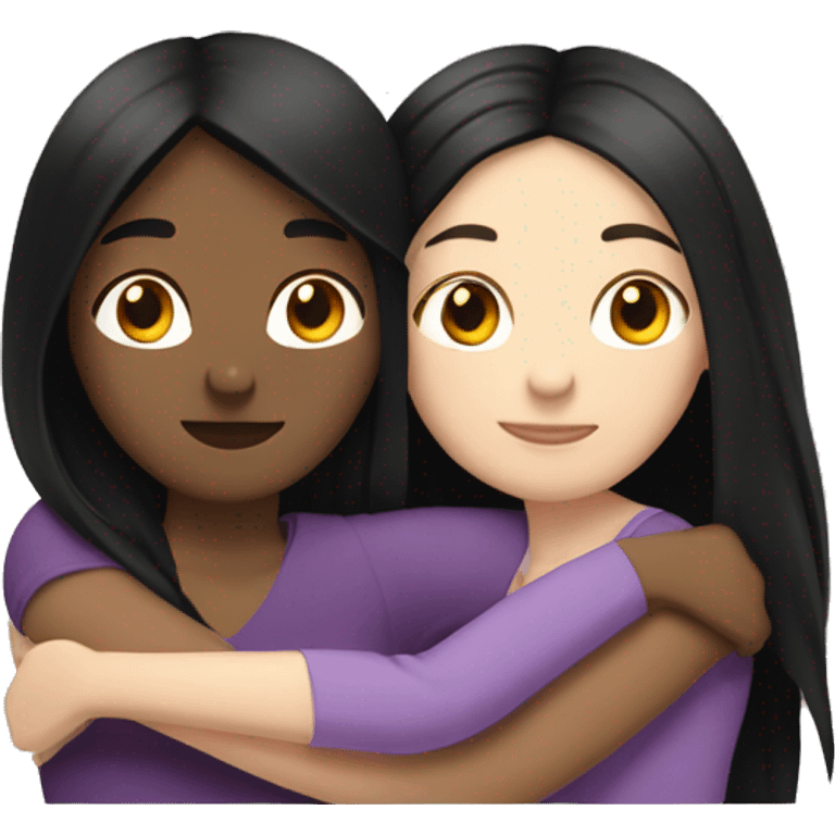 A lesbian couple who both have white skin and long black hair are hugging intimately. emoji