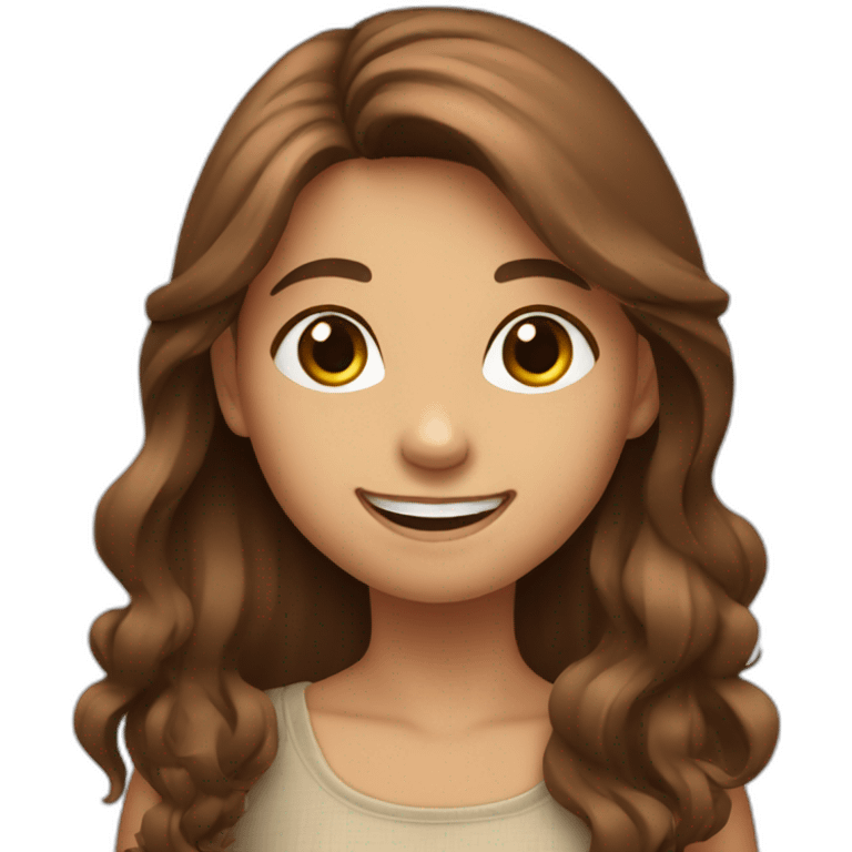 Girl with brown and long hair smiling kindly and waving with the left hand emoji