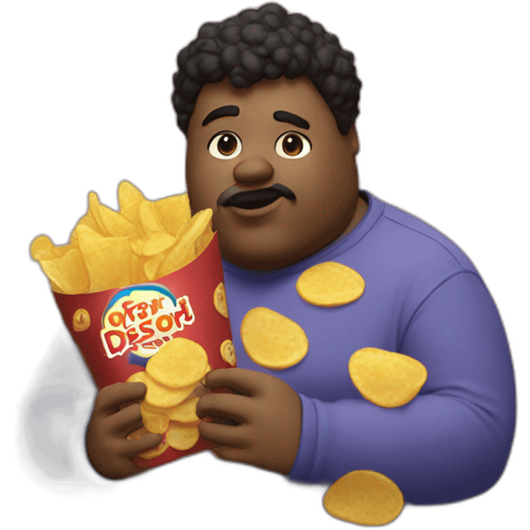 A fat guy eating Chips with a „Discord Mod“ tshirt emoji