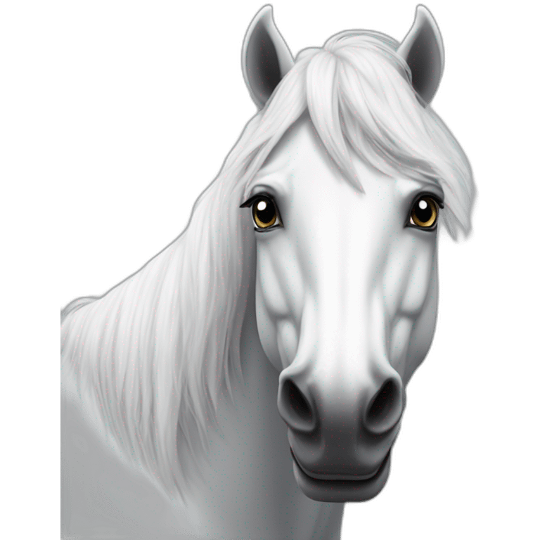 White stallion mustang wearing a grey key around the neck only necklace no mouth strap showing neck no lock emoji