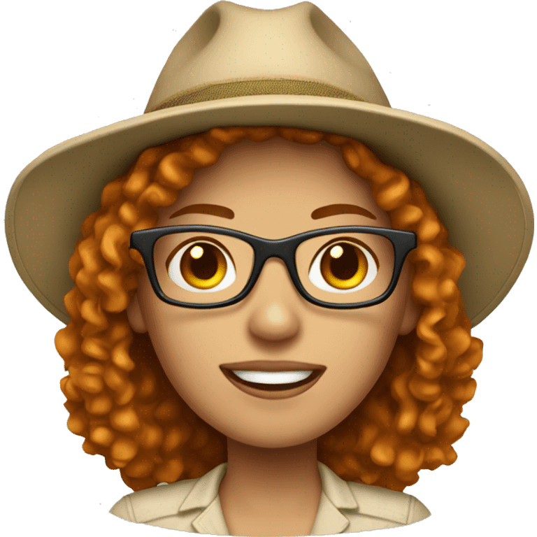 white woman with short curly ginger hair and glasses in safari hat emoji