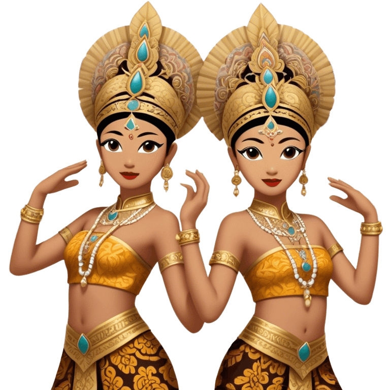 ​Cinematic Realistic Traditional Javanese Dancers, depicted as two graceful dancers in ornate traditional costumes with intricate batik patterns and elaborate headpieces, captured in dynamic poses during a ritual dance in an ancient temple courtyard, rendered with soft golden lighting and rich cultural textures, emoji