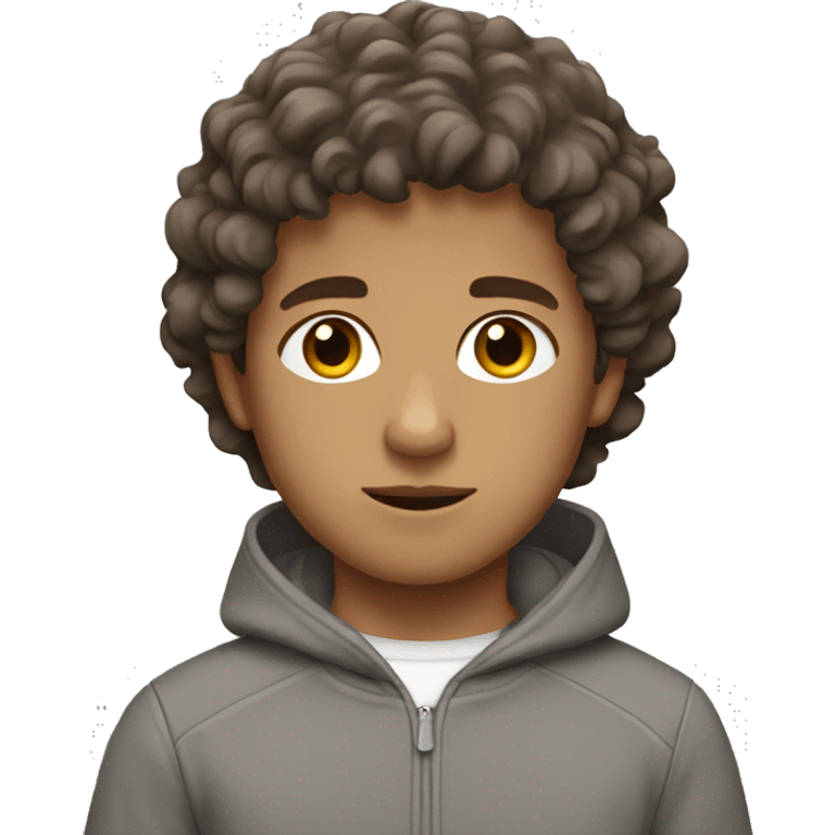 Boy with brown wavy hair, brown eyes, and a grey tracksuit emoji