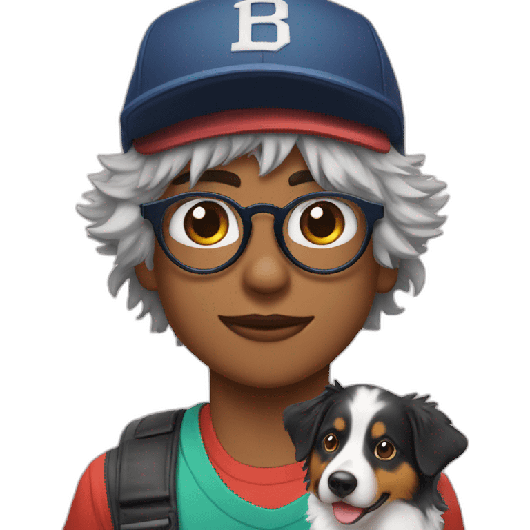 Hipster looking boy with large wire frame glasses and a baseball cap on next to a Australian Shepard tri color emoji