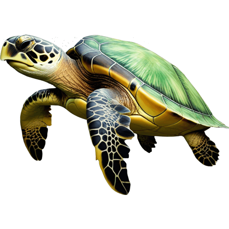 a sea turtle is swimming, smiling, art, realistic art, white background, side view emoji