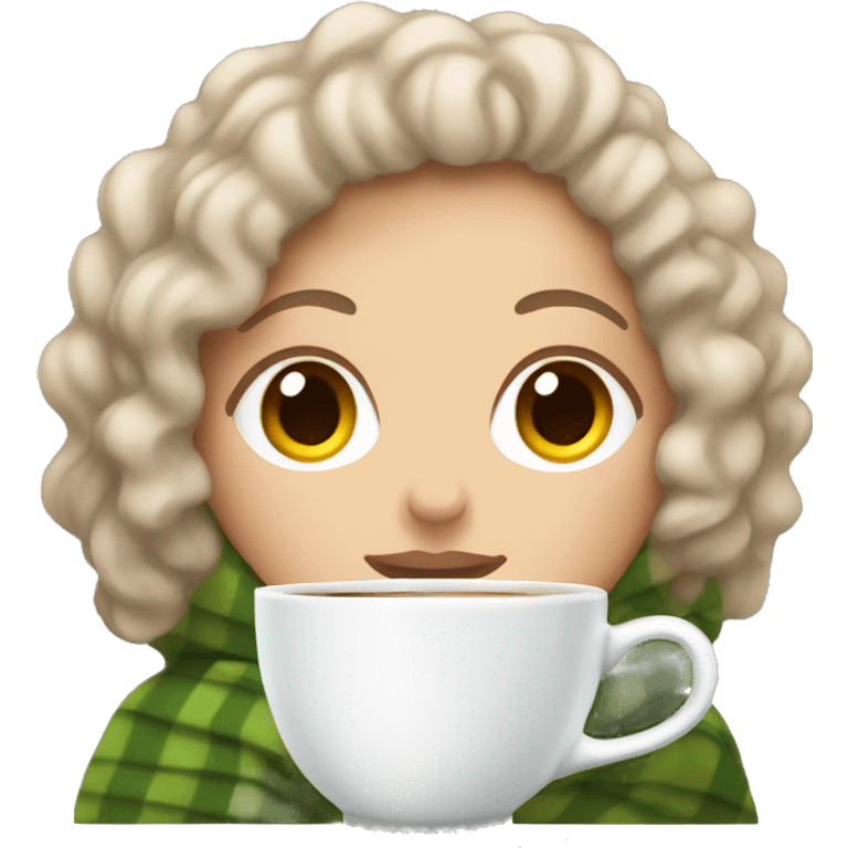 a White girl with curly hair wrapped in a blanket with a cup of tea emoji