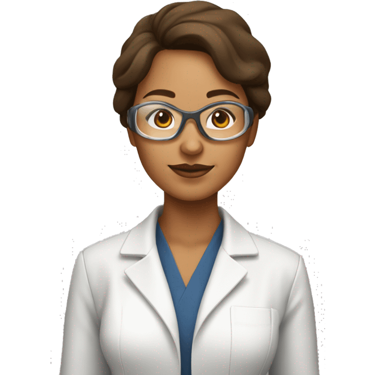 Pharmaceutical scientist woman with clear goggles, brown hair and eyes and tan skin no glasses emoji