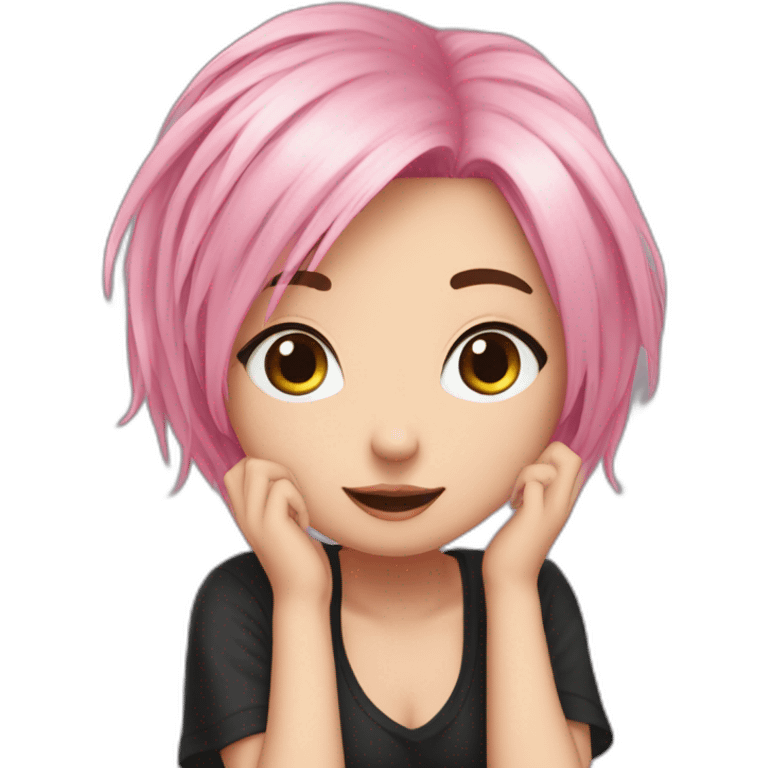 Front view curvy emo girl pink hair sits on the floor straight view hands up черная юбка белые трусики рваные полосатые чулки emoji