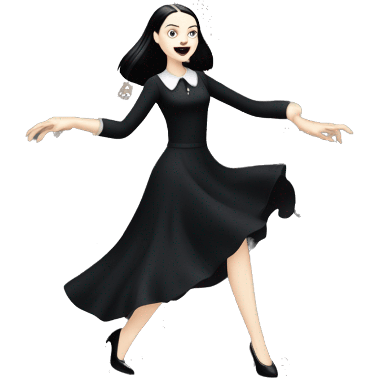 wednesday addams dancing with werewolves.she is wearing a long creepy black flowing evening gown that shows her legs with expensive high heels.  emoji