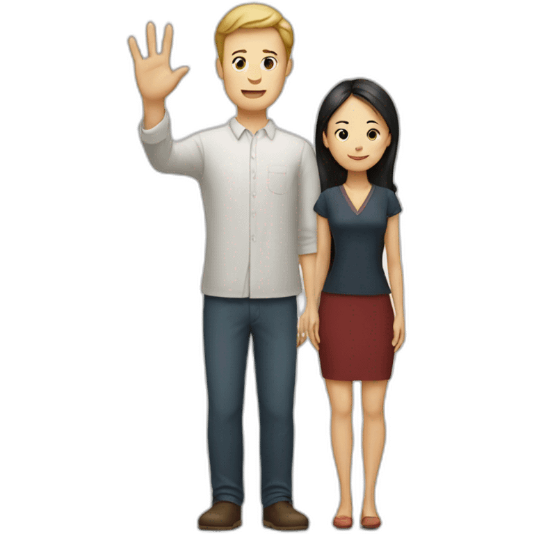 White man putting hand up to Chinese woman emoji