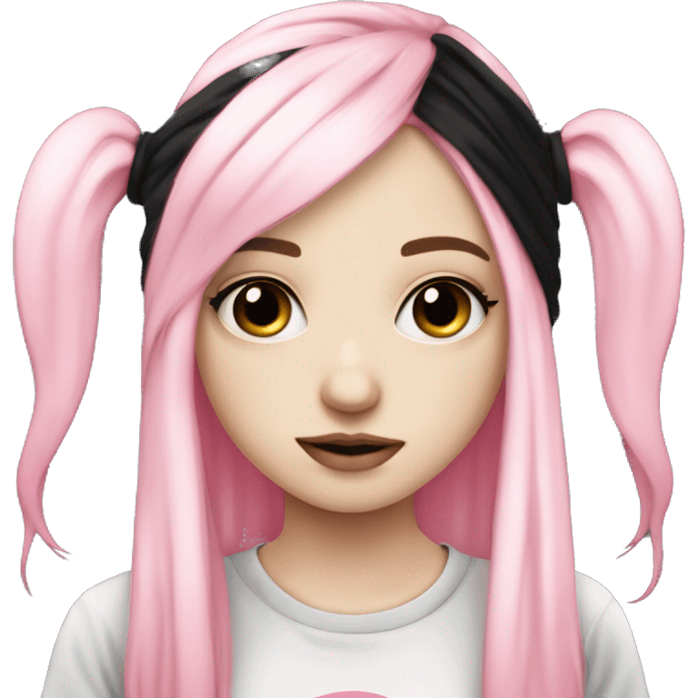 Cute pale skin emo girl with long pink and black hair with black and pink band tee emoji