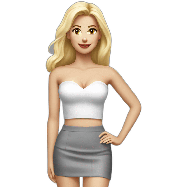 hyperrealistic caucasian long blonde woman white v-neck strapless gray tight mini skirt emoji