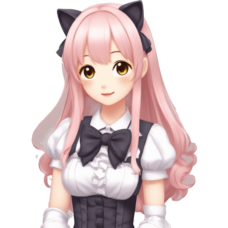 Gorgeous anime style catgirl with blushing face with maid outfit bow tie idol model kawaiicore pearly petite simplistic aesthetic trending style emoji