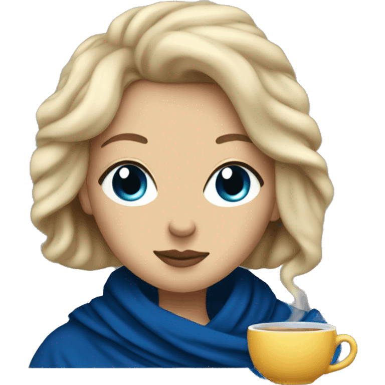 Lady with dirty blonde hair and dark blue eyes drinking tea in a blanket  emoji