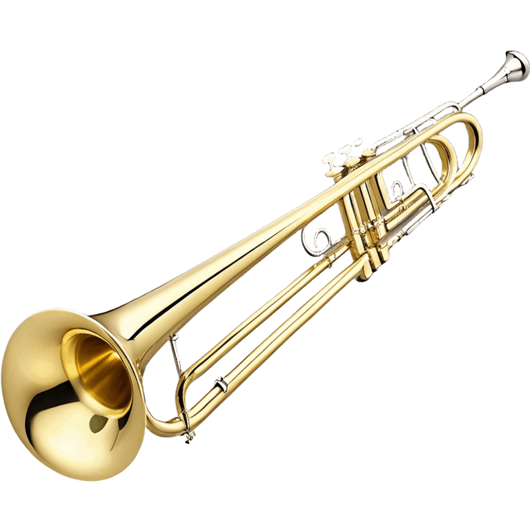 Create an elegant and detailed emoji representing the Bach Bb/F tenor trombone. The design should feature the smooth, shiny brass body of the trombone, showcasing its large, flared bell and curved tubing. Highlight the tuning slide with its polished metal finish, and the mouthpiece should be clearly visible. The trombone’s surface should have a gleaming brass tone with subtle silver accents around the mouthpiece and slide. Add a few musical notes or soundwaves emanating from the bell to emphasize the powerful sound of the trombone. Use golden and brass tones with reflective light effects to enhance the trombone’s professional and high-quality appearance. The background should be transparent. emoji