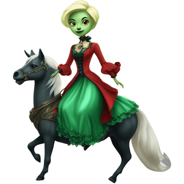 "galora green blonde alien woman" in red Victorian dress elegant, full body, on pegaso emoji