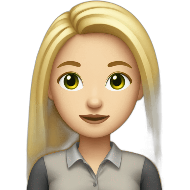 A girl who has blonde and long hair green eyes working in an office with pc emoji