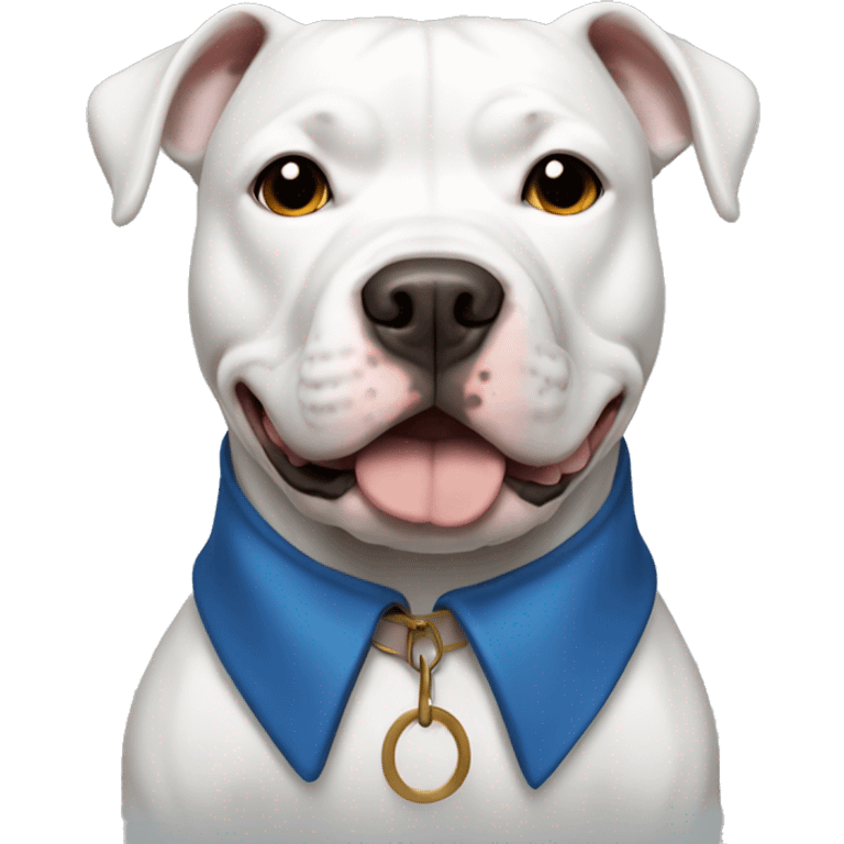 White pitbull with brown eyes and black ears wearing a blue collar emoji