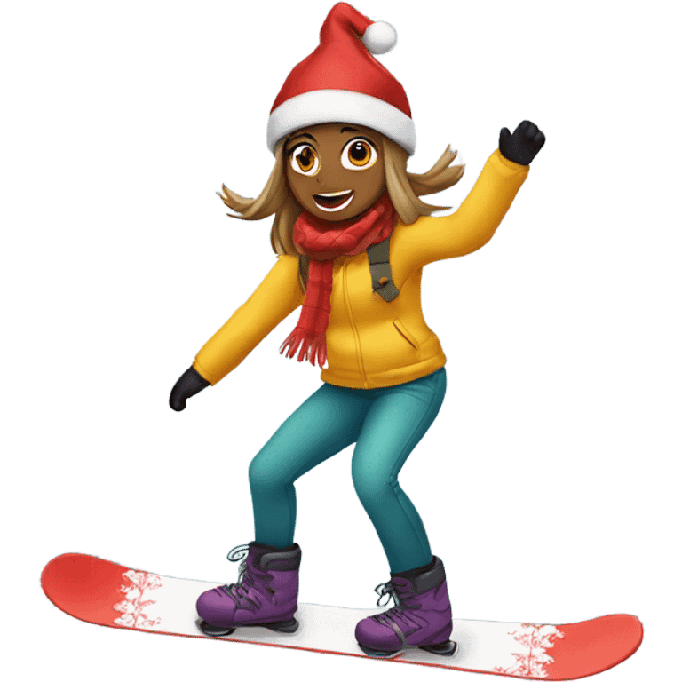 Girl snowboarding with Christmas hat emoji