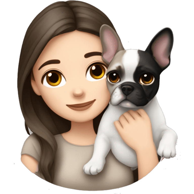 brunette hair girl cuddling a black and white frenchbulldog and a lynx point siamese  emoji