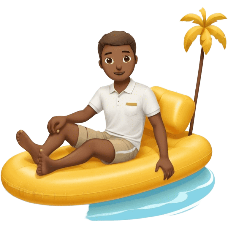 Pool attendant. white polo shirt. khaki shorts. african. sitting on a swimming pool float emoji