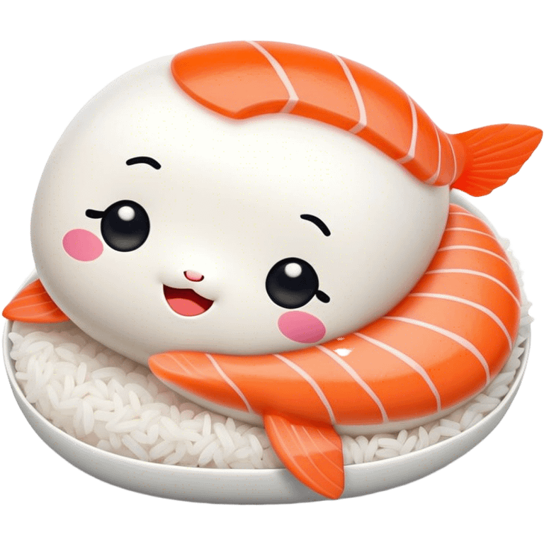 Cute Kawaii Nigiri Sushi, plump and happy, a soft white rice pillow topped with bright orange salmon, tiny blushing cheeks, big round eyes, a joyful floating expression! emoji