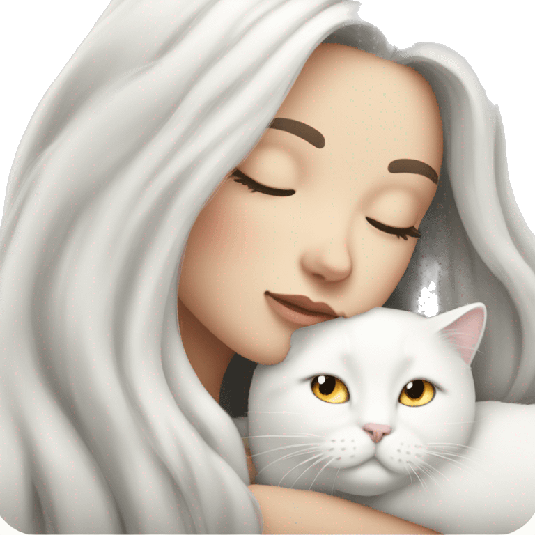 A pretty white girl with very long black hair and sleeping curled up to a white cat  emoji