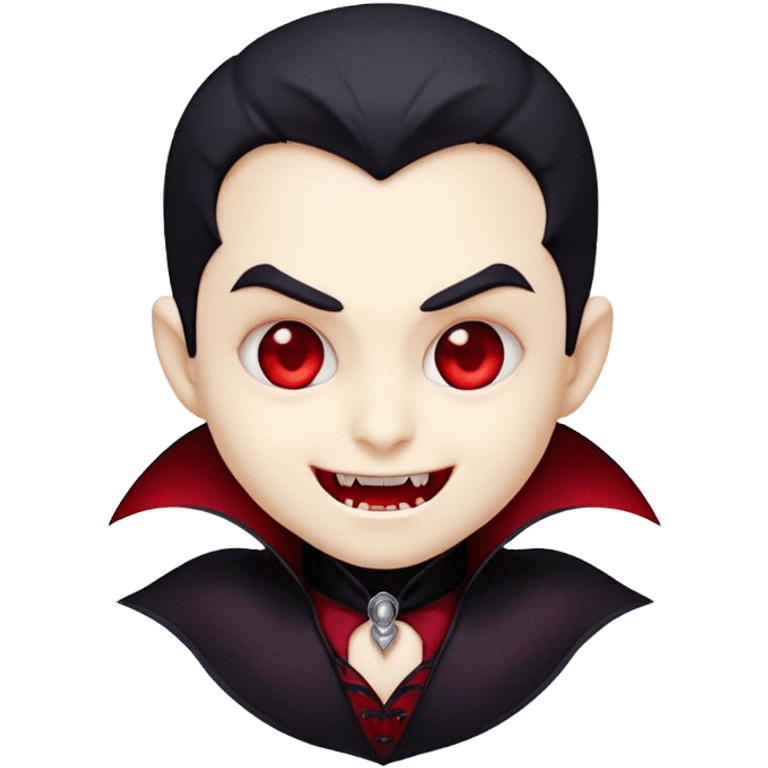 Cinematic Cute Vampire Portrait Emoji, with a refined yet playful small, rounded pale face accented by tiny, cute fangs and bright, twinkling eyes, sporting miniature elegant dark attire with a hint of crimson, simplified yet irresistibly charming, highly detailed with a soft glowing outline that captures the delightful duality of spooky sweetness and stylish allure! emoji