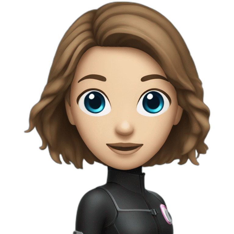 a woman with an a black scubadiver suit. pink dive mask, she has blue eyes inside the dive mask. brown largue and straight hair emoji