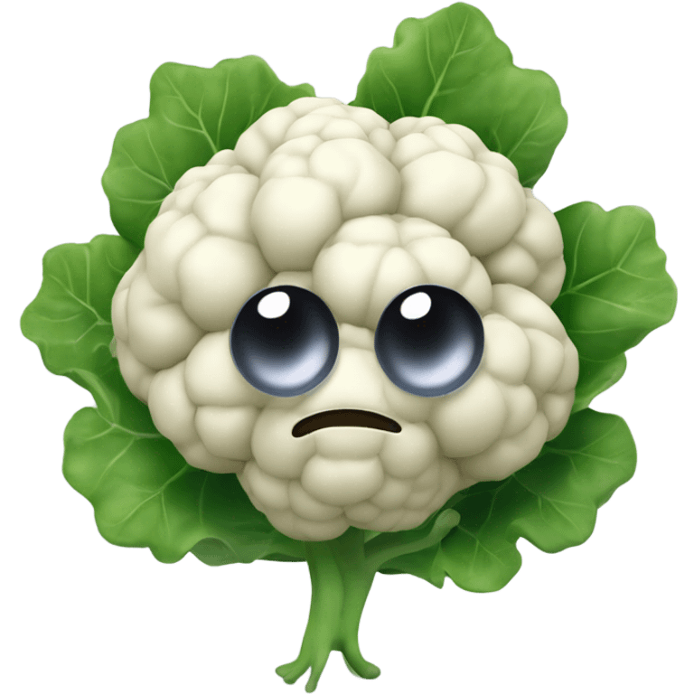 3D cauliflower character with big eyes 👀, a few green leaves 🍃, and leafy hands holding a small mirror 🪞 while gazing into it. The character is floating in the air, no legs visible. emoji