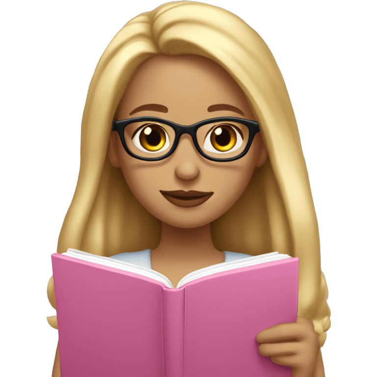 Girl with long blonde hair and rosy lips and glasses reading a pink book emoji