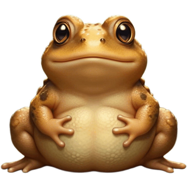 Cinematic Cute Toad Portrait Emoji, Head tilted playfully and inquisitively, featuring a charmingly plump form with bumpy, textured skin in rich earthy hues and round, sparkling eyes full of gentle mischief, Simplified yet irresistibly adorable features, highly detailed, glowing with a warm, friendly woodland glow, high shine, affectionate and lively, stylized with a touch of whimsical nature charm, soft glowing outline, capturing the essence of a mischievous yet loving toad that seems as if it could hop out of the screen into your arms! emoji