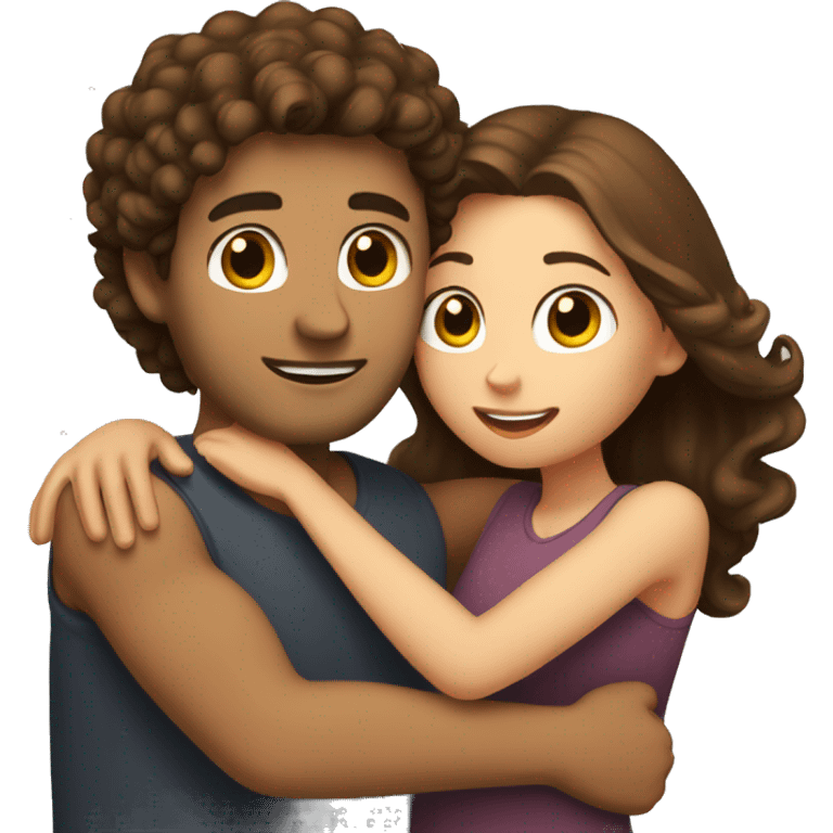 Girl with long straight brown hair hugging a guy with short curly brown hair emoji