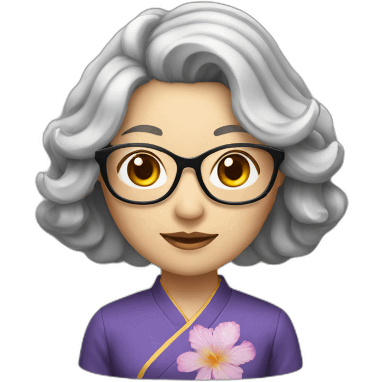 Chinese lady with shoulder length very lightly grey waves hair wear glasses with Chinese dress emoji