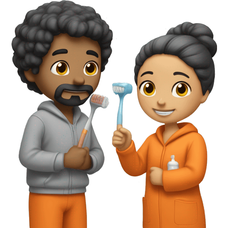 A couple brushing their teeth. She wears a snoopy orange robe and a bun in her hair, and he has a beard and dark hair and wears a gray sweatshirt. emoji