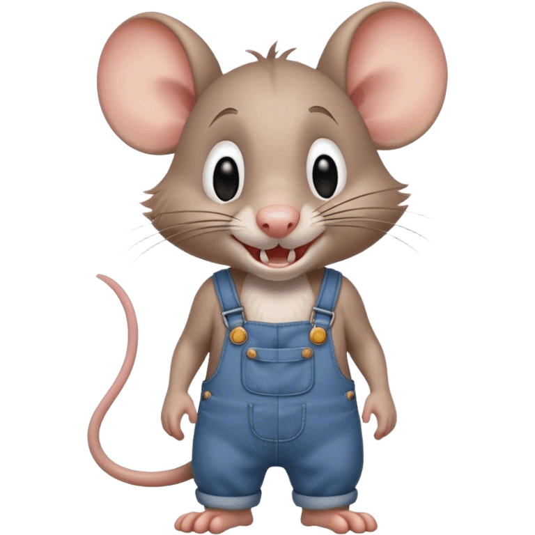 dizzy cartoon hillbilly rat wearing overalls no shirt. standing and talking full body. human eyes. teeth showing talking. telling story emoji