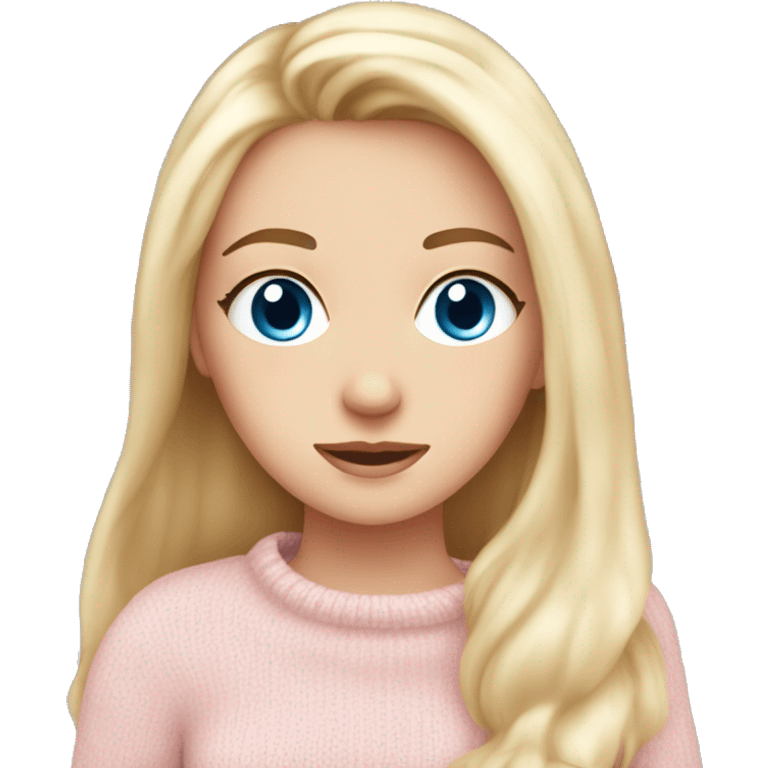 Pretty blue eyed white girl with light pink sweater reading cozy emoji