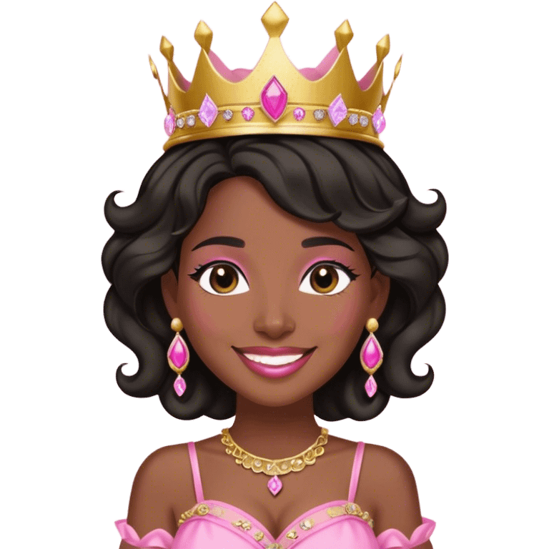 Crown dark black women smiling with really longer lightly WAVY hair pink dress pink crown facing forward black hair middle age adult woman gold gems in crown gold earrings  one woman smiling wink less body emoji